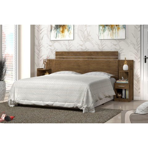 Cabeceira Para Cama Box Regulável MOA Com 2 Mesas de Cabeceira Com Gavetas Acopladas Cor Jequitiba J