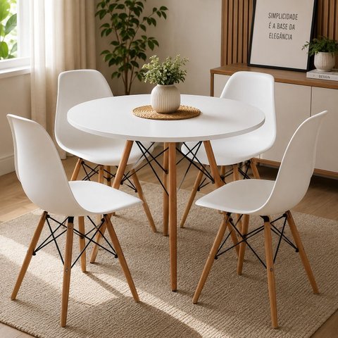 Kit Mesa 90cm Branca com 4 Cadeiras Charles Eames Polipropileno Sala de Jantar