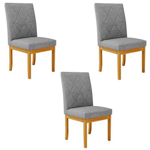 Kit 3 Cadeiras de Sala de Jantar Estofadas Gomes Madeira Maciça Linho Cinza G78 - Gran Belo Cadeira 