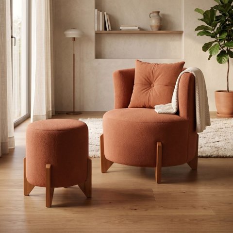 Kit Poltrona e Puff Luna Decorativa Curvo Orgânico Boucle Terracota - Montanaris Decor