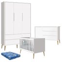 Ver imagem 1 de Quarto de Bebê Theo 3 Portas com Colchão e Cômoda Branco Acetinado Pés Madeira Natural - Reller