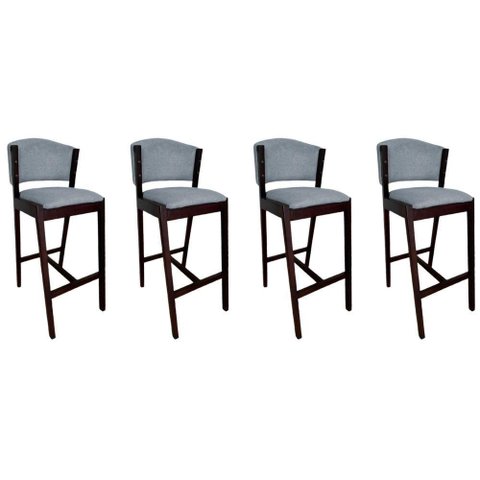 Kit 4 Banquetas Altas de Madeira Maciça Ana em Linho Premium Cinza Linho Castanho