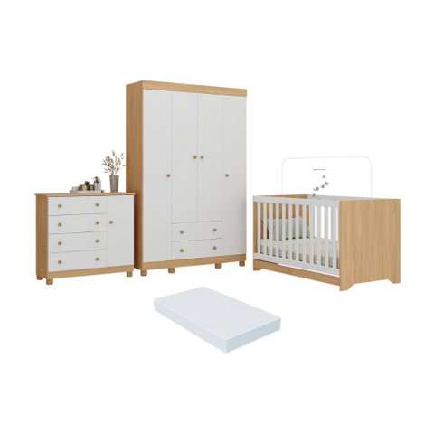 Quarto de Bebê Completo Berço Americano 3 em 1 Colchão Allegra Multimóveis Mp4598 Madeirado/