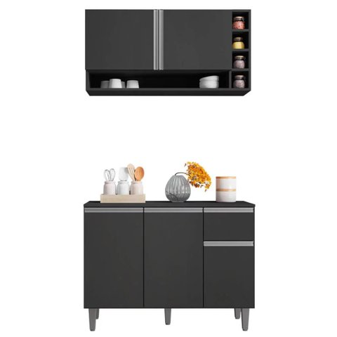 Kit Ravena Cozinha Balcão 3 Portas S/ Tampo + Aéreo 2 Portas Cinza