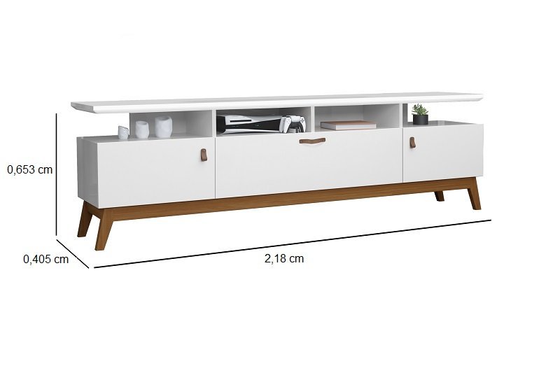 Rack Bancada TV Até 84 Polegadas Pés Em Madeira 3 Portas 4 Nichos Absolut 2.18:Branco Acetinado - 5