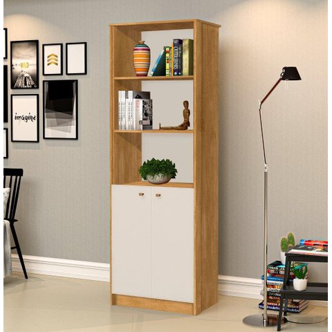Estante para Escritório Off com Prateleiras para Objetos e 2 Portas Cor Off White/nature Ja