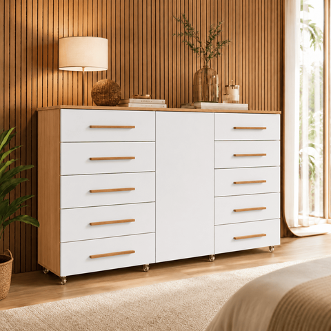 Cômoda Organizadora Imperial 173cm 10 Gavetas 1 Porta MDP Rodízios Corrediças Telescópicas - Freijó/