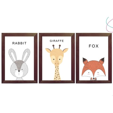 3 Quadros Decorativos Infantil Animais Escandinavos:tabaco