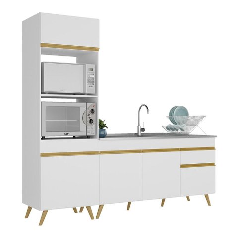 Armário de Cozinha Compacta 212cm Veneza Multimóveis V2078 Branco/dourado