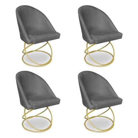 Kit 04 Cadeiras Poltrona de Jantar Bela Veludo Grafite Base Metálica Luxo Dourado - Pallazio