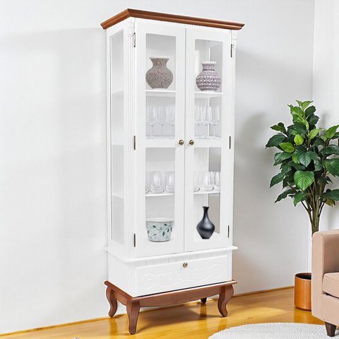 Cristaleira com 2 Portas e Laterais em Vidro 1 Gaveta Pés Luiz Xv 5113 Genebra - Branco/pinhão
