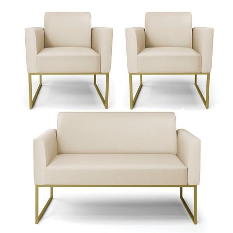 Sofá Namoradeira com 2 Poltronas Base Industrial Dourado Marisa Corino D03 - D\'rossi Cor Bege