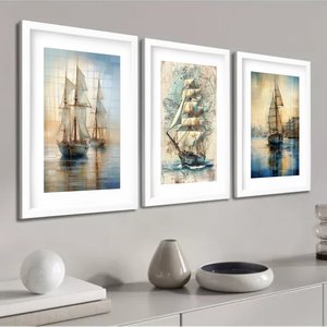Kit 3 Quadros Grandes Caravelas 60x48cm:moldura Branca