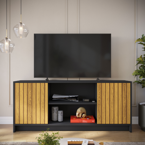 Rack para Sala Tv até 60 Polegadas Mdp com Nicho e Prateleira 108cm - Jm3 Móveis:preto/ripado