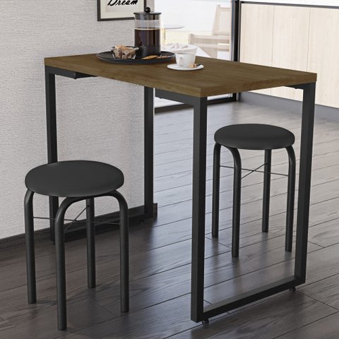 Conjunto Mesa de Cozinha Prattica Industrial 90cm com 2 Banquetas F02 Castanho/Preto - Mpozenato