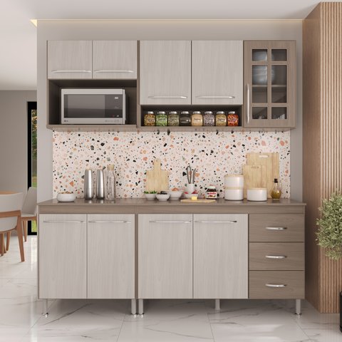 Armário de Cozinha Modulada Compacta Fidelitá Paris 4 Peças 190cm 9 Portas 3 Gavetas com Tampo