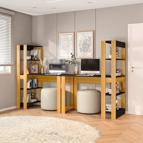 Conjunto com 2 Mesas Escrivaninhas com Estante e 4 Prateleiras Licce Marrom/Freijó