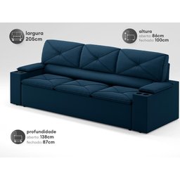 Sofá com Porta Copos Retrátil e Reclinável Pop 2,05m Velosuede Petroleo - Netsofas - 2