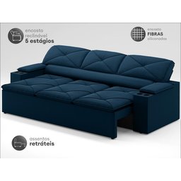Sofá com Porta Copos Retrátil e Reclinável Pop 2,05m Velosuede Petroleo - Netsofas - 3