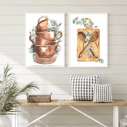 Kit 2 Quadros para Cozinha Panelas e Utensílios 33x24cm - com Vidro:madeira Branca