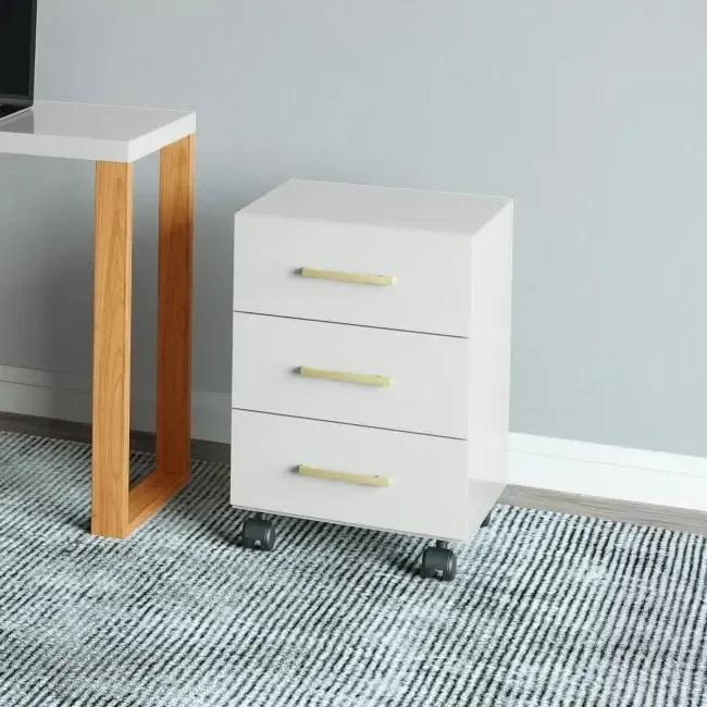 Gaveteiro Escritório Mdf 3 Gavetas Off White/gold F16