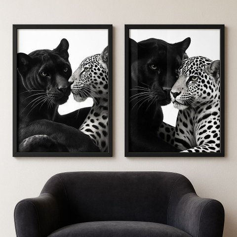 Kit 2 Quadros para Quarto de Casal - Pantera e Onça 33x24cm:moldura Preta