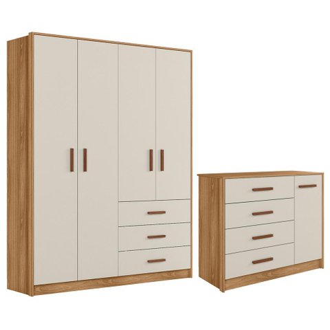 Jogo de Quarto Infantil Pérola Guarda Roupa e Cômoda Nature/off White - Peternella Móveis