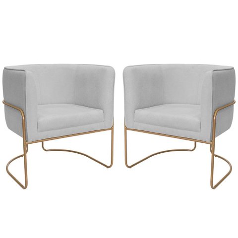 Kit 02 Poltronas Decorativas Betina Base Aço Ouro Fosco Bouclé Cinza Claro - Nexta Casa