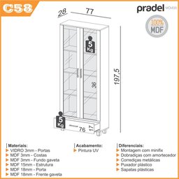 Estante Decorativa para Livros 77cm 2 Portas de Vidro e Gaveta 100% Mdf C58 Pradel Móveis-freijó - 3