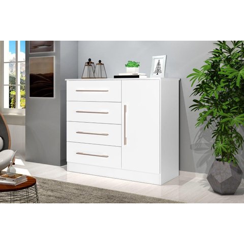 Cômoda / Sapateira Mali 1 Porta + 4 Gavetas com Puxadores Cromados Cor Branco Ja