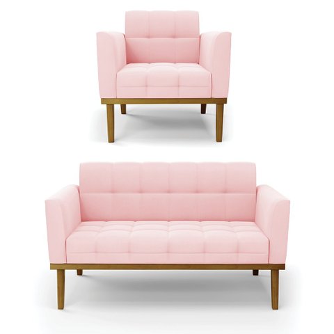 Namoradeira com Poltrona Base de Madeira Castanho Elisa Suede D03 - D’Rossi Rosa Bebê