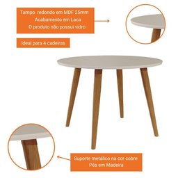 Mesa De Jantar Redonda 1,10M 4 Lugares Tampo MDF Pés Em Madeira Maciça Dani Cimol Madeira/Off - 5