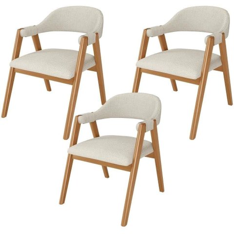 Kit 03 Cadeiras de Jantar e Estar Living Estofada Nadja L02 Linho Champagne - Lyam Decor