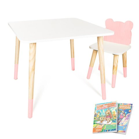 Mesa e Cadeira Infantil Urso Kit Livro Educativo em Madeira - Rosa Bebê