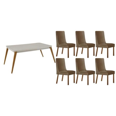 Conjunto: Mesa de Cozinha Havana Tampo c/ Vidro Curvo 180cm+6 Cadeiras Dakota Madeira Naturale/Off