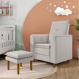 Poltrona de Amamentação Quarto Infantil com Puff Kate Pés Palito Linho Cinza - New Belle Kate Dia da - 2