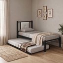 Ver imagem 1 de Cama Solteiro Bruna Estilo Militar 100% Aço Preto com Cama Auxiliar e Cabeceira Estofada Branco