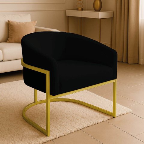 Poltrona Sala Decorativa Industrial Dourada Arielle Veludo Preto D03 - D’Rossi