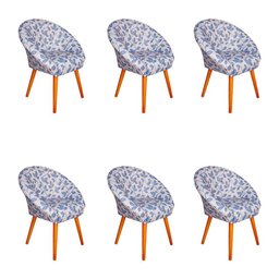 Kit 6 Poltronas Decorativa Canastra Estofada Veludo Floral Azul Pés em Madeira Maciça - 1