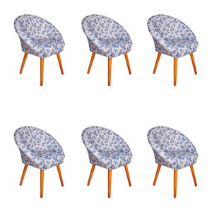 Kit 6 Poltronas Decorativa Canastra Estofada Veludo Floral Azul Pés em Madeira Maciça