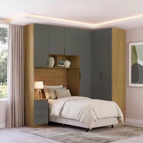 Quarto Modulado Solteiro 4 Peças Altezza Clean Belmax:Freijó/Titânio