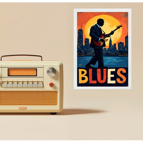 Quadro Músico Blues - In The City 33x24cm:moldura Branca