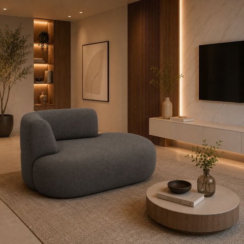 Sofá Puf Orgânico 140 cm 2 Lugares Consultório Recepção Sala:Cinza Escuro/Bouclé Lado Direito