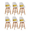 Ver imagem 1 de Kit 06 Banquetas Alta Maya Giratória Com Encosto Linho Bege Claro e Almofada Corino Amarelo - Gat