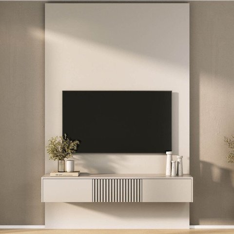 Rack Ripado com Painel para TV até 60 Polegadas 160CMX250CM Aruá CabeCasa MadeiraOriginals Offwhite