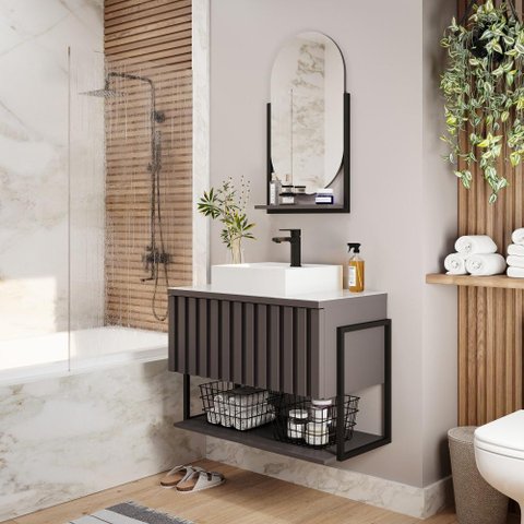 Gabinete Balcão Suspenso Cuba Marmorite Havaí 65 Cm Aço Banheiro 1 Porta 1 Prateleira Cinza Tit