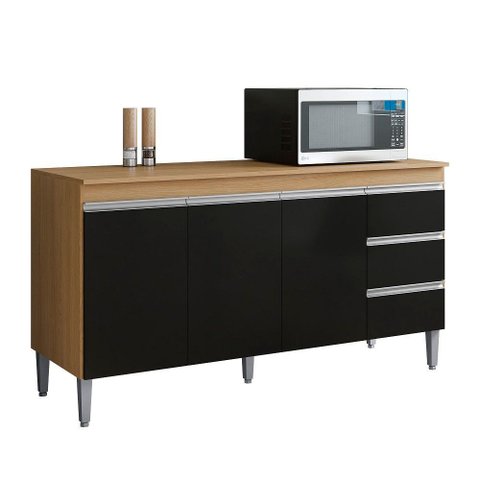 Balcão de Cozinha Andréia 160cm Amêndoa/Preto + Tampo - AJL Móveis