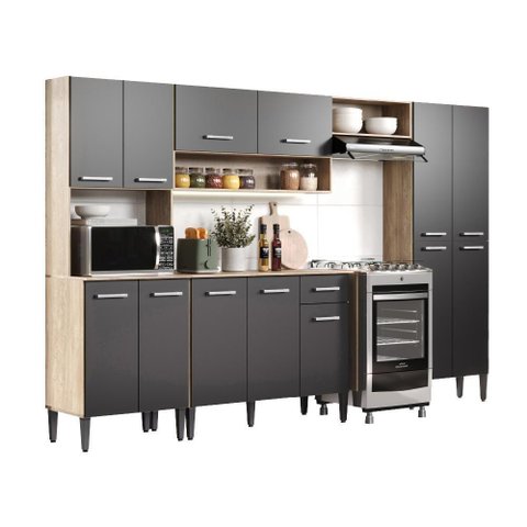 Cozinha Completa Arizona Plus com Armário e Balcão Carraro - Carvalho/preto Carvalho/preto
