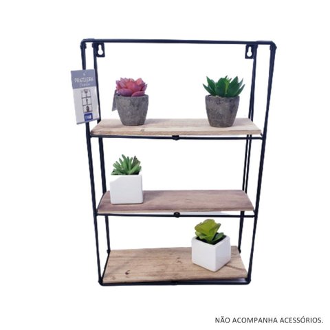 Prateleira Decorativa com 03 Divisórias Nichos em Madeira e Ferro Preto 30x45cm