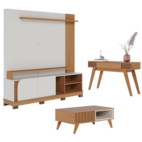 Estante Home Theater Jurerê 1.8 Off White Matte Freijó com Mesa de Centro Jeri Freijó Off White e Ap